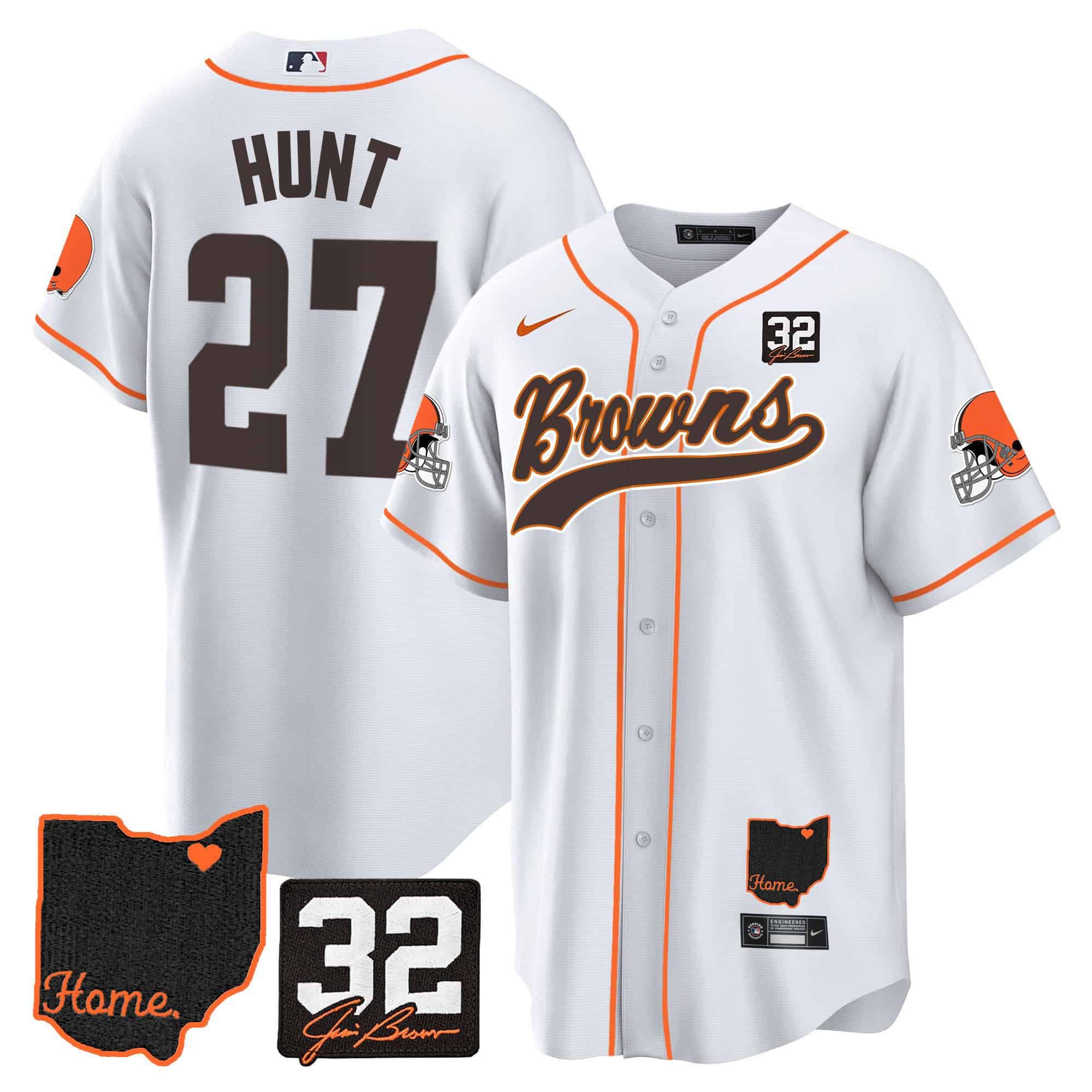 Men Cleveland Browns 27 Hunt White Memorial Home Patch Baseball 2024 Nike NFL Jersey